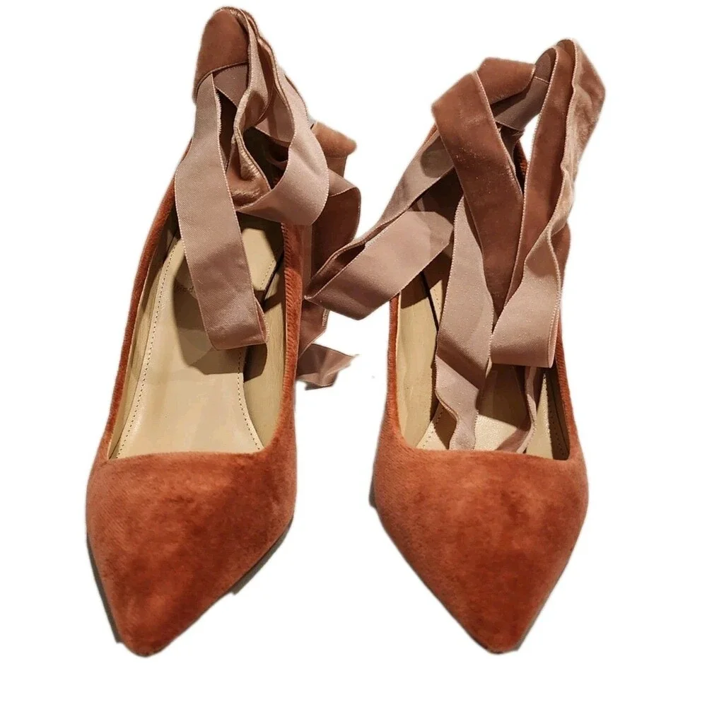 J.Crew Elsie Velvet Ankle-Wrap Pumps Rusted Red Size 6.5 W/Dust Bag & Box - Picture 6 of 13